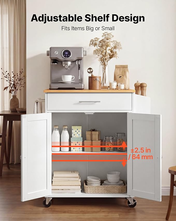 VEVOR Kitchen Island Cart with Storage, 31.3 in Wide Mobile Rolling Storage Island on Swivel Wheels, with Drawer, Storage Cabinet, Spice/Towel Rack, Table for Home Dining Room, White