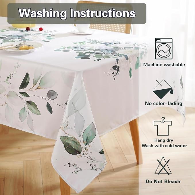 SASTYBALE Eucalyptus Floral Tablecloth 60x120 Inch Rectangular | Washable, Spillproof, Wrinkle-Free Fabric Table Cloth for Spring Summer Indoor Outdoor Kitchen, Dining, Garden Decor