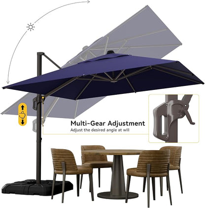 10x10FT Cantilever Outdoor Umbrella with Base, 360° Rotating Large Offset Square Patio Umbrella, Ideal for Garden Backyard Deck Courtyard, Navy Blue