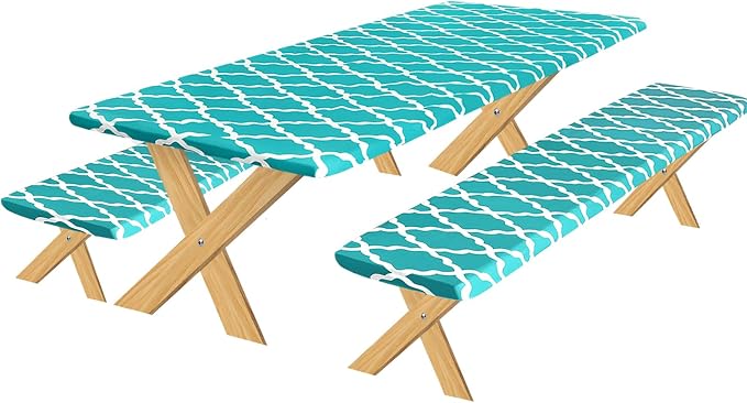 OutdoorLines Vinyl Fitted Picnic Table Cover with Bench Covers | Elastic Waterproof Camping Tablecloth for Picnic Table (Moroccon Teal 96x30 Inch, 3 Pcs)