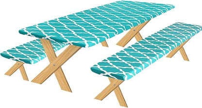 OutdoorLines Vinyl Fitted Picnic Table Cover with Bench Covers | Elastic Waterproof Camping Tablecloth for Picnic Table (Moroccon Teal 96x30 Inch, 3 Pcs)