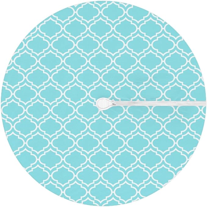 Fitted Round Tablecloth with Umbrella Hole and Zipper Aqua Blue Moroccan Outdoor Elastic Table Cloth 45"-56" Oil-Proof Waterproof Patio Table Cover for Dining Picnic Party