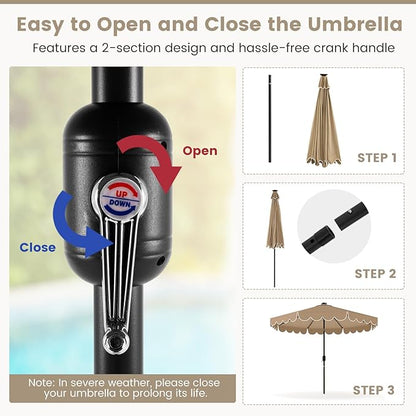 Tangkula 9 FT Solar Patio Umbrella, 2-Tiers Scalloped Outdoor Table Market Umbrella with 32 LED Lights, Vented Top, Tilt Adjustment, Crank, 8 Ribs for Backyard Poolside Deck Beach Lawn (Coffee)