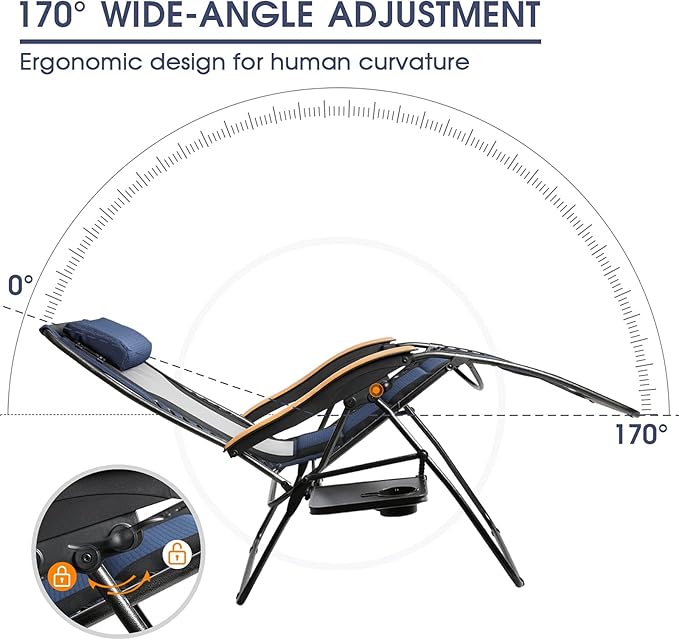 Portal Portable Zero Gravity Chair, Lounge Chair Outdoor Oversized Zero Gravity Chair Folding Lounge Chair with Adjustable Pillows and Cup Holder for Poolside Backyard and Lawn, Support 350lbs