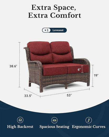 HILLGA Oversized Loveseat, Outdoor Sofa with High Back and 6-Inch Cushions | Patio Couch, Wicker Sofa, Outdoor Seating, Porch Furniture, Deck Couch, Luxury Furniture, Poolside Yard (Burgundy)