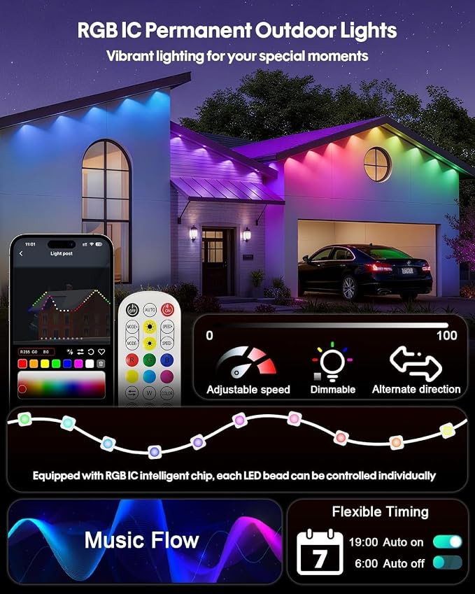 Permanent Outdoor Lights, 150FT with 90 RGBIC LED Lights, 50 Scene Modes, App & Voice Control, Cuttable, Accent & Year‑Round Eave Lighting, Outdoor Eave Lights for Christmas Holiday Patio Yard Decor