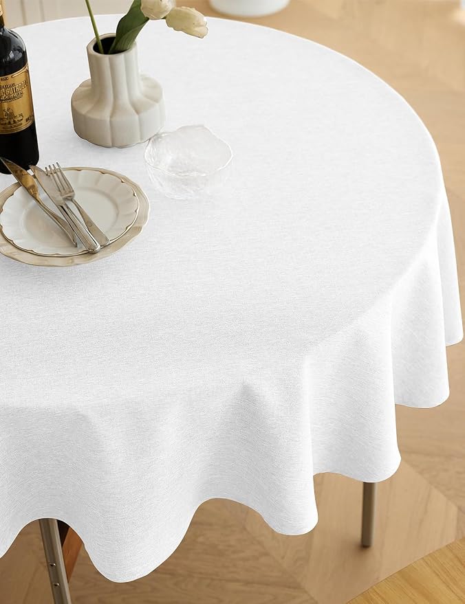 Decorelia White Faux Linen Round Tablecloths 60 inch, Waterproof Decorative Washable Texture Rustic Circle Table Cloth Cover for Dining Kitchen Party Farmhouse Outdoor (Round (2-4 Seats),White)