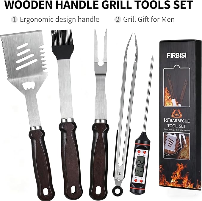 Grilling Accessories - 16 Inch BBQ Accessories Grill Gifts for Men, Barbecue Grilling Tools Utensils Set with Spatula, Fork, Brush, Tongs, Thermometer
