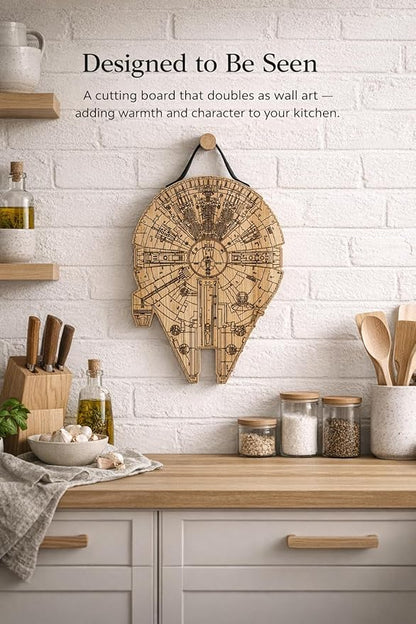 Millenium Falcon Inspired Wooden Cutting Board, Wood Cutting Boards for Kitchen, Non Toxic Hardwood Cutting Board, Wooden Chopping Board, Charcuterie Cheese Serving Board, Sci Fi Gift