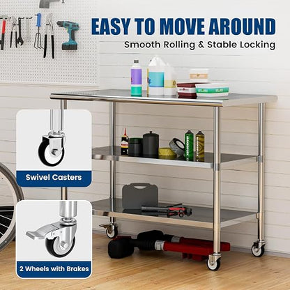 Stainless Steel Work Table with Wheels, 24x60 Inch NSF Kitchen Prep Table with 2 Adjustable Undershelves for Commercial Restaurant, Garage, Outdoor BBQ