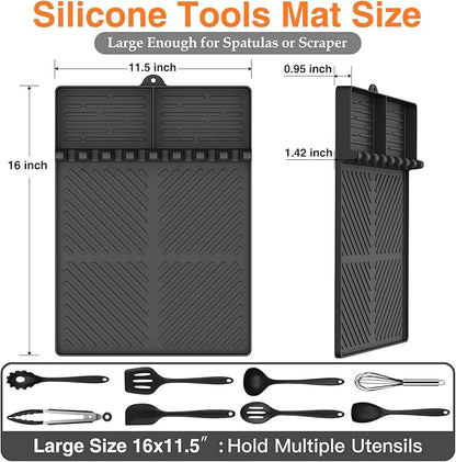 Silicone Griddle Tools Mat for Blackstone, Griddle Accessories Side Shelf Mat Grill Pad for Outdoor Grill Kitchen Counter Spatula Silicone Mat with Drip Pad (Black)