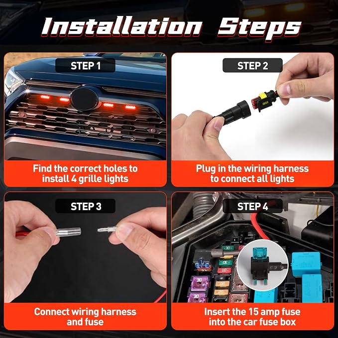 LED Grille Lights For Toyota RAV4 2019 2020 2021 2022 Smoked Shell Red Grill Light 4 Pcs, Plug and Play