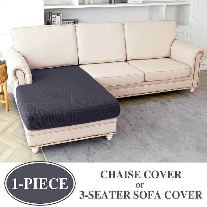 LA MEACK Chaise Couch Cushion Cover Washable Separate Seat Stretch Sectional Sofa Slipcover (1 Piece for Chaise or Sofa 3-Seater, Dark Grey)