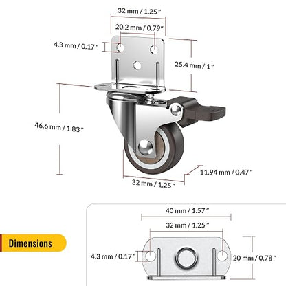 HOLKIE Side Mount Casters Wheels 1.25 Inch with Heavy Duty Thickened L-Shaped Plate Double Ball Bearing Swivel Casters Set of 4 Holding 100 LBS Ideal Wheels for Furniture,Planters,Small Tables