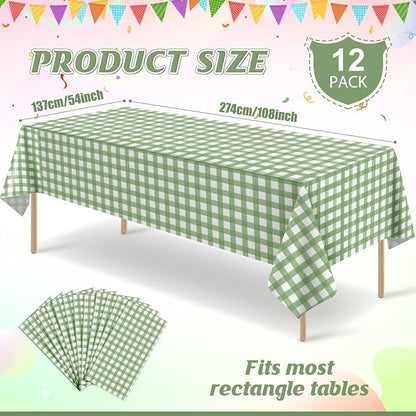 12Pcs Sage Green Gingham Tablecloths, Checkered Table Covers 54 x 108 Inch | Green and White Checkered Tablecloths, Disposable Waterproof for Baby & Bridal Shower Picnic Camping Barbecue Birthday Party