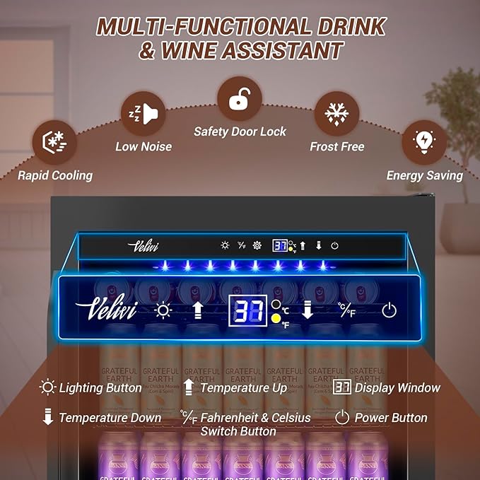 Velivi 24" Black Beverage Refrigerator Cooler: 24Inch Built-In Under Counter Fridge for Soda, Beer, Drink | 168Cans Large Capacity - Perfect for Kitchen, Bar, or Office