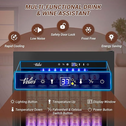 Velivi 24" Black Beverage Refrigerator Cooler: 24Inch Built-In Under Counter Fridge for Soda, Beer, Drink | 168Cans Large Capacity - Perfect for Kitchen, Bar, or Office