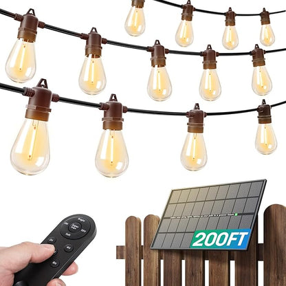 addlon 200FT(192+8) Solar String Lights Outdoor, Last 20+ Hrs, USB Charging | IP65 Waterproof. Dimmable Timer via Remote. Memory, 3 Modes, 2700K Warm White. Easy Install for Patio, Porch. 4-Pack*50FT.