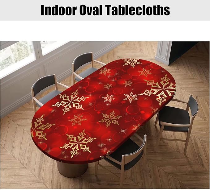 Red Christmas Oval Tablecloths, Red Golden Snowflake Christmas Print Elastic Fitted Table Cloth, Windproof Oblong Table Covers for Indoor Dinner and Outdoor Patio Decor, Fits Tables up to 60" x 84"