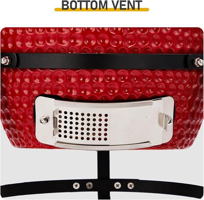 13" Grill with Built-in Thermometer, Cast Iron Grates, Bamboo handle, Portable Ceramic Grill with Low Stand for Backyard, Patio, Deck grilling (Red)
