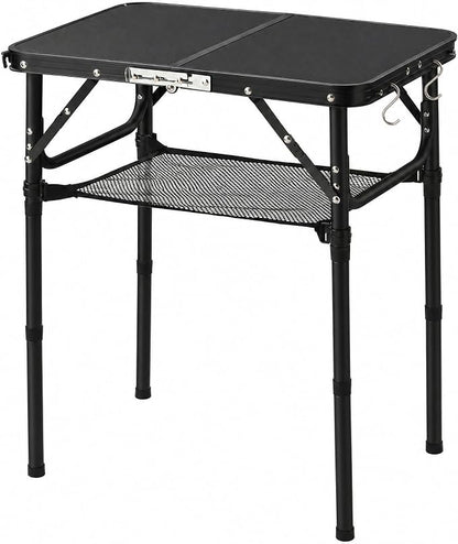 Folding Table Small, 24''L x16''W Camp Aluminum Table with Adjustable Height Legs, Indoor Outdoor Lightweight Portable Folding Aluminum Dining Table for Picnic Camping 2-Feet All Black（10"/19"/27）