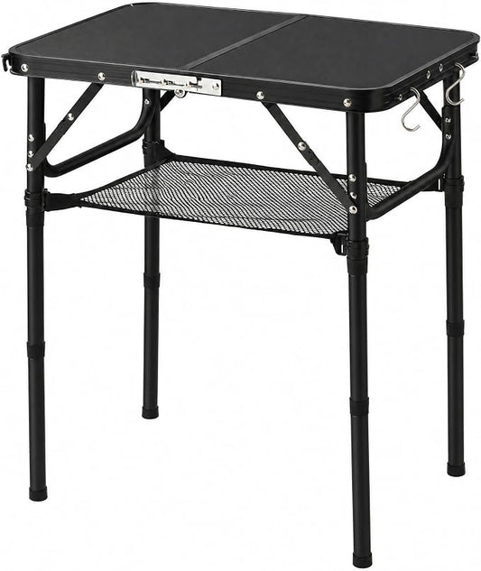 Folding Table Small, 24''L x16''W Camp Aluminum Table with Adjustable Height Legs, Indoor Outdoor Lightweight Portable Folding Aluminum Dining Table for Picnic Camping 2-Feet All Black（10"/19"/27）