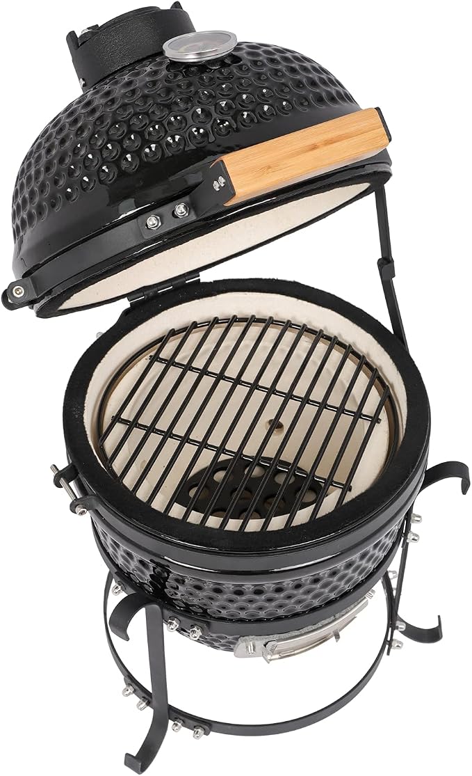 Ceramic Charcoal Grill, 13 Inch Kamado BBQ Grill for Outdoor Cooking, Heavy Duty Ceramic Smoker and Roaster with Superior Heat Retention, Fuel Efficient Outdoor Grill, Black