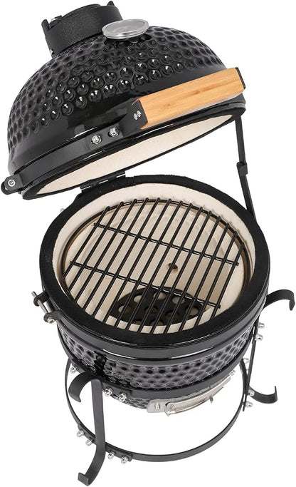 Ceramic Charcoal Grill, 13 Inch Kamado BBQ Grill for Outdoor Cooking, Heavy Duty Ceramic Smoker and Roaster with Superior Heat Retention, Fuel Efficient Outdoor Grill, Black