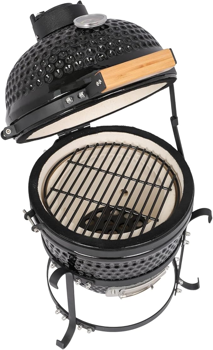 13" Portable Ceramic Charcoal Grill,Charcoal Grill and Smoker with Cast Iron Grates and Locking Lid,Grill Stand,Heat Deflectors and Ash Tool,Barbecue Grill for Outdoor Cooking and Camping (Black)
