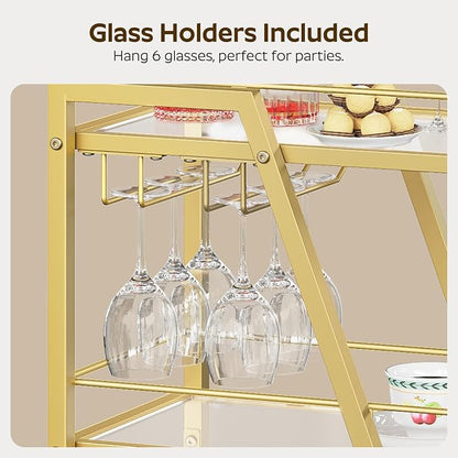 Bar Cart, 3-Tier Home Bar Serving Cart with Wheels, Drink Cart with Glass Holder, Beverage Cart, Rolling Kitchen Cart, for Home, Living Room, Transparent and Gold BC03GD