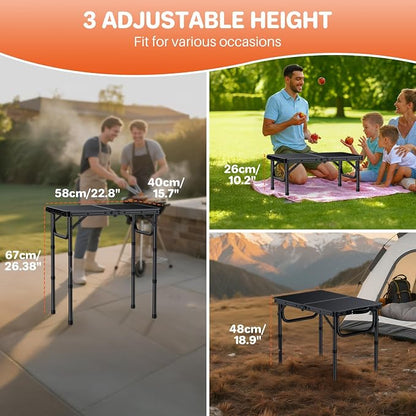 FUNYKICH 2ft Folding Camping Table 22.8''x15.7''x26.4'',3 Height Adjustable | Lightweight & Portable, Aluminum Small Outdoor Table with Carry Handle for Camping, Beach, Picnic, Black
