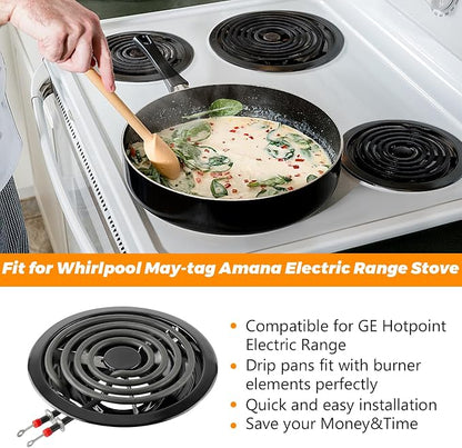 W10290350 W10290353 Porcelain Burner Drip Pan Bowls by Blutoget - Fit for Whirlpool Electric Range Stove Pans- 2 Pack 8-Inch and 2 Pack 6-Inch Pans(Black Porcelain),W10288051 Electric Stove Drip Pans