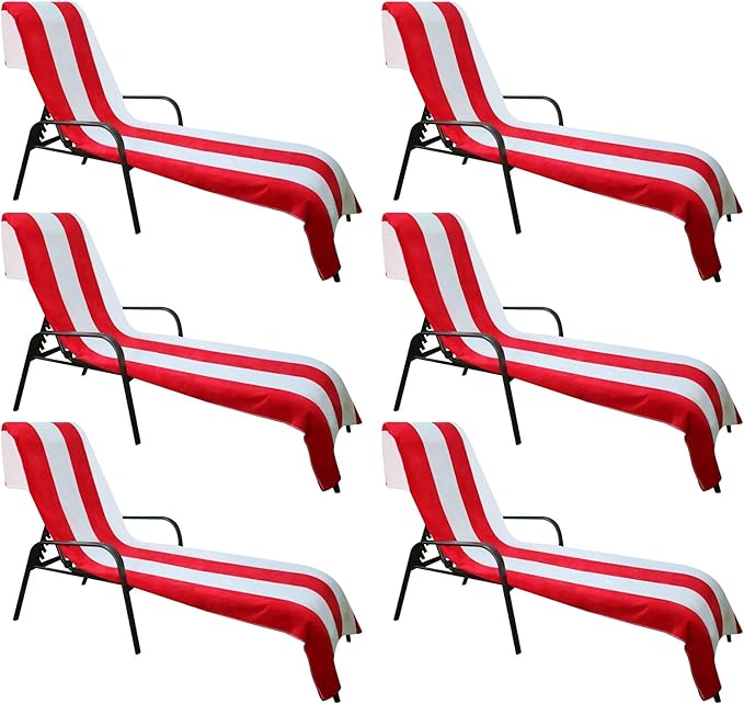 Superior Cabana Cotton Lounge Chair Cover, Outdoor Towel/Chaise Furniture Covers, Terry Cloth, Beach, Spa, Swim Accessories, Pool Chair Cover, Soft, Quick Drying, 32" x 102", Set of 6, Red