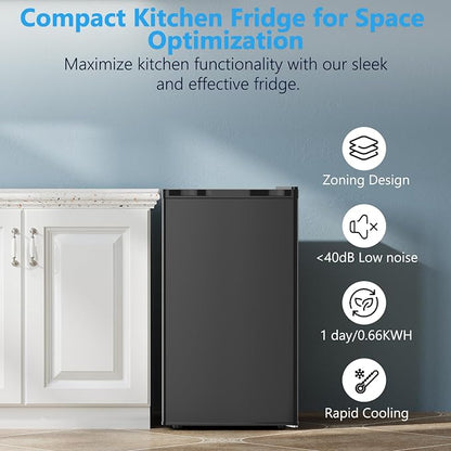 COWSAR 3.2 Cu.Ft Dorm Fridge with Freezer, Single Reversible Door Compact Refrigerator, Adjustable Thermostat, 2 Removable Shelves, Commercial Drink Fridge for Bedroom, Office, Kitchen, Dorm, Black