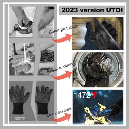 BBQ Grill Gloves, 1472°F Heat Resistant Barbecue Gloves Oven Mitts, Silicone Non-Slip Cooking Gloves for Kitchen, Grilling and Baking, EN407 Certified, 13 inch Long, Black, XL Size