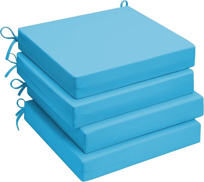 UNIKOME Outdoor Chair Cushions Pack of 4, Water Resistant Patio Cushions with Ties, High Density Sponge Filling Square Corner Seat Cushions for Outdoor Furniture, 18.5"*16"*3", Turquoise