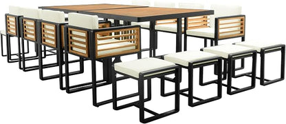 Merax 18-Piece Patio Dining Set for 16 People, Acacia Wood Outdoor Furniture Sets with 2 Square Tables, 8 Cushioned Chairs and 8 Ottomans for Backyard,Garden,Lawn,Poolside, Space Saving Design, Beige