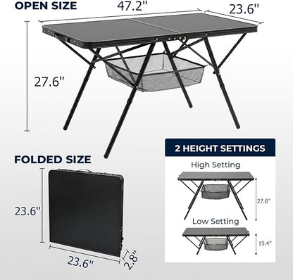Overmont Folding Aluminum Camping Table - 47.2'' x 23.6'' with Carry Handle | 2 Height up to 27.5" with Storage Net, Lightweight Waterproof Portable for Outdoor Travel Backyard BBQ Picnic Patio Tailgate
