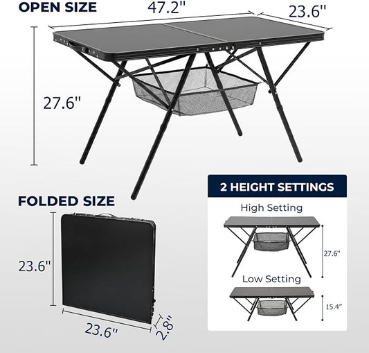 Overmont Folding Aluminum Camping Table - 47.2'' x 23.6'' with Carry Handle | 2 Height up to 27.5" with Storage Net, Lightweight Waterproof Portable for Outdoor Travel Backyard BBQ Picnic Patio Tailgate