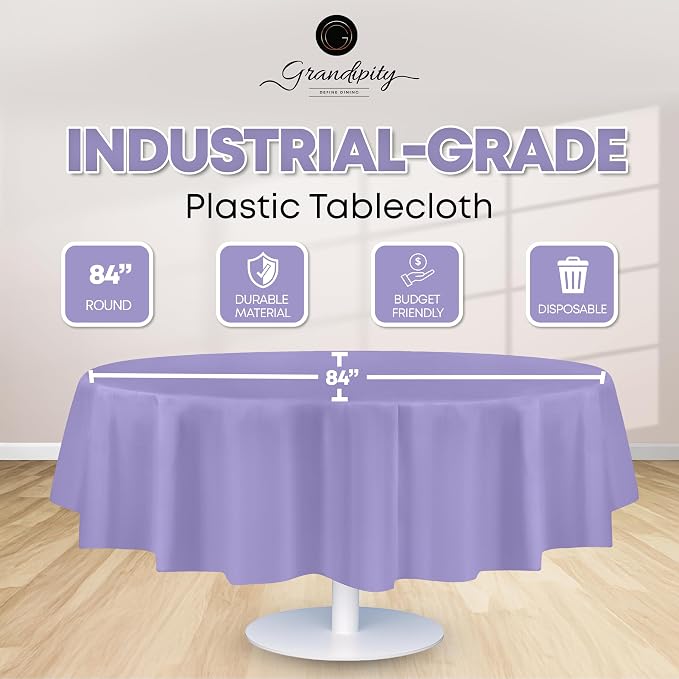 Grandipity 12 Pack Premium Disposable Plastic Tablecloth 84" Inch Decorative Round Table Cover - Lavender