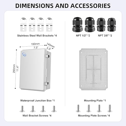 RTHIEAI Waterproof Outdoor IP67 Junction Box (11.4"x7.5"x5.5") with Mounting Plate, Hinged Grey Cover and Wall Brackets - Weatherproof ABS Plastic Electrical Enclosure for DIY Projects (290x190x140mm)
