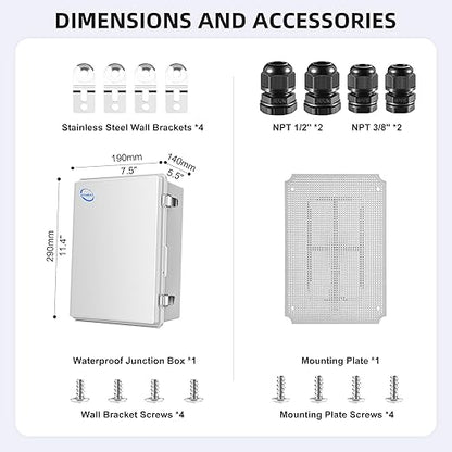 RTHIEAI Waterproof Outdoor IP67 Junction Box (11.4"x7.5"x5.5") with Mounting Plate, Hinged Grey Cover and Wall Brackets - Weatherproof ABS Plastic Electrical Enclosure for DIY Projects (290x190x140mm)