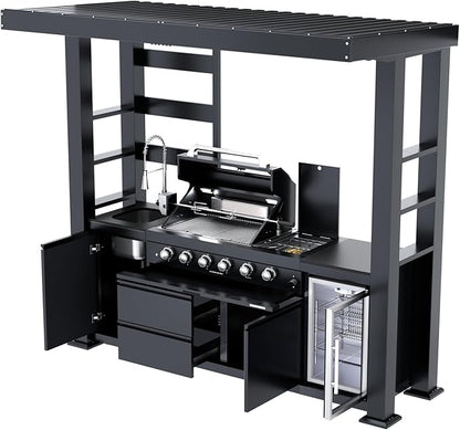 Outdoor Kitchen Island Gas Grill Barbecue Station with Refrigerator Rotisserie Side Burner Granite Countertop Storage Cabinets Drawers Faucet Sink Roof Lights Wheels Thermometer Warming Rack (Black)