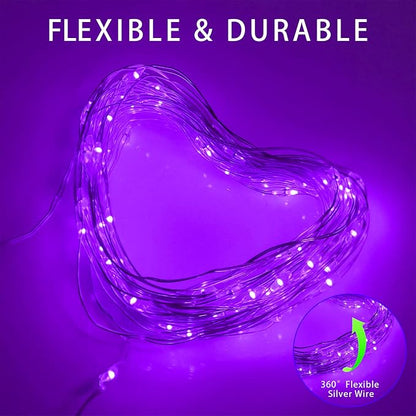 Solar Christmas Halloween String Lights Purple Outdoor Waterproof 2Pack Total 200Led 8 Modes Copper String Lights Fairy Lights for Valentine's Day Garden, Patio, Fence, Balcony, Outdoors