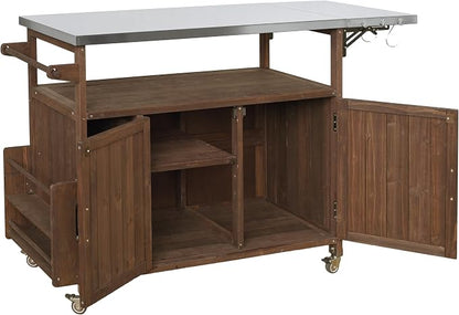 Christopher Knight Home Edsel Outdoor Bar Cart with Stainless Steel Top and Lockable Wheels, Solid Wood Outdoor Storage Cabinet, Kitchen Island Serving Cart for Poolside, Garden, Brown+Silver