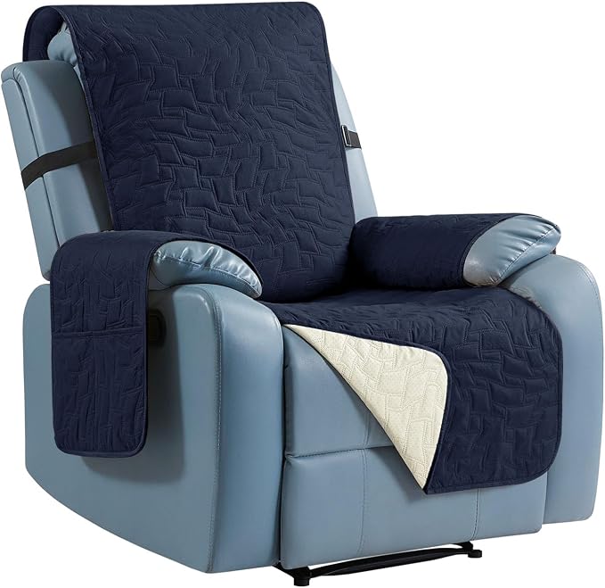 CUCRAF Non Slip Quilted Sofa Cover, Water Resistant Slipcover Furniture Protector for 1 Cushion Sofa Pet Friendly, Washable Couch Cover with Adjustable Elastic Straps (Small Recliner, Navy Blue)