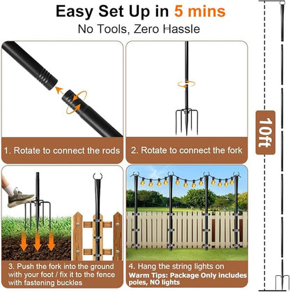 6 Pack String Light Poles for Outside, Upgraded Heavy-Duty Metal Poles for Outdoor String Lights with Fork, Adjustable Lighting Hanging Accessories for Patio Decor Pergola Backyard Garden Decorations