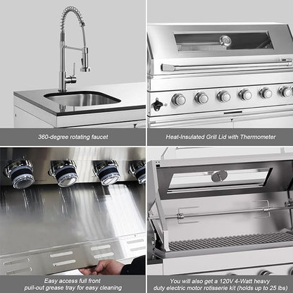 Outdoor Kitchen Island, 95.5 Inch 85000 BTU Propane Gas Grill Combination With Refrigerator and Sink, Outdoor Stainless Steel Barbecue Bar, 6 Burner Propane Grill for Patios, Gardens, Parties