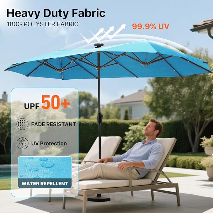 FREE SOLDIER 13ft Patio Umbrella with 36 LED Solar Lights Double Sided Outdoor Umbrella for Patio Table Umbrella with Solar lights for Garden Yard Pool (Turquoise)
