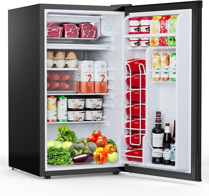 COWSAR 3.2 Cu.Ft Dorm Fridge with Freezer, Single Reversible Door Compact Refrigerator, Adjustable Thermostat, 2 Removable Shelves, Commercial Drink Fridge for Bedroom, Office, Kitchen, Dorm, Black